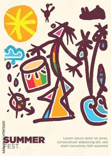 primitive dreadlock playing percussion athe beach on the summer sun. abstract prehistoric images reggae festival template poster vector illustration.