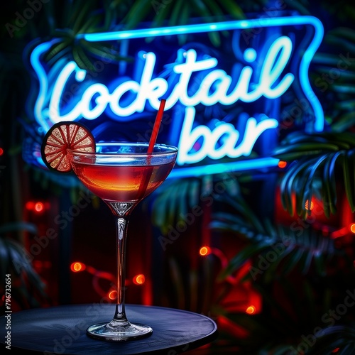 A neon sign for a cocktail bar with a glass of cocktail drink on a table
