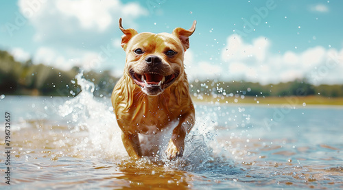 A pitbul dog running and splashing in the water near a lake on a sunny summer day