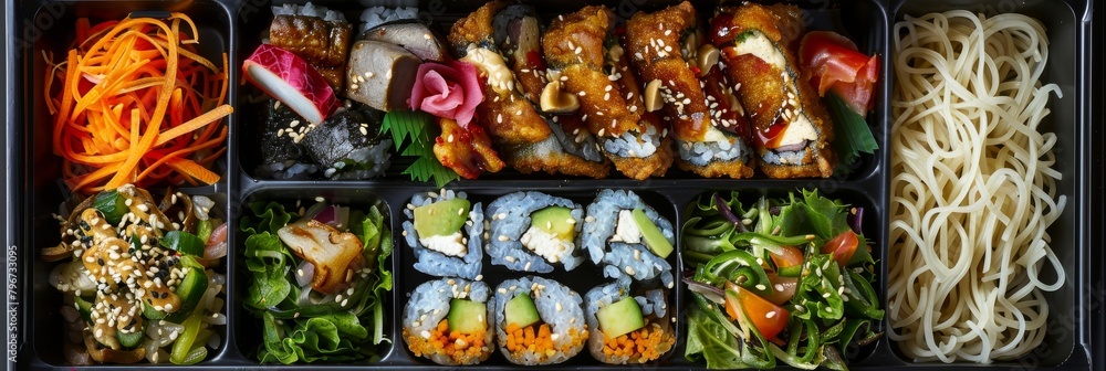 Japanese Bento Box, Asian Style Lunch Box with Sushi Rolls, Salad and Fresh Sea Food Top View