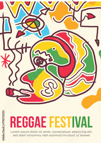 dreadlock reggaeman smoking ganja concept. abstract prehistoric images reggae festival template poster vector illustration.