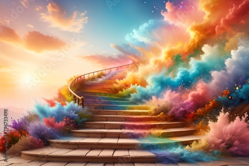 multi-colored bright staircase upstairs in pastel colors photo