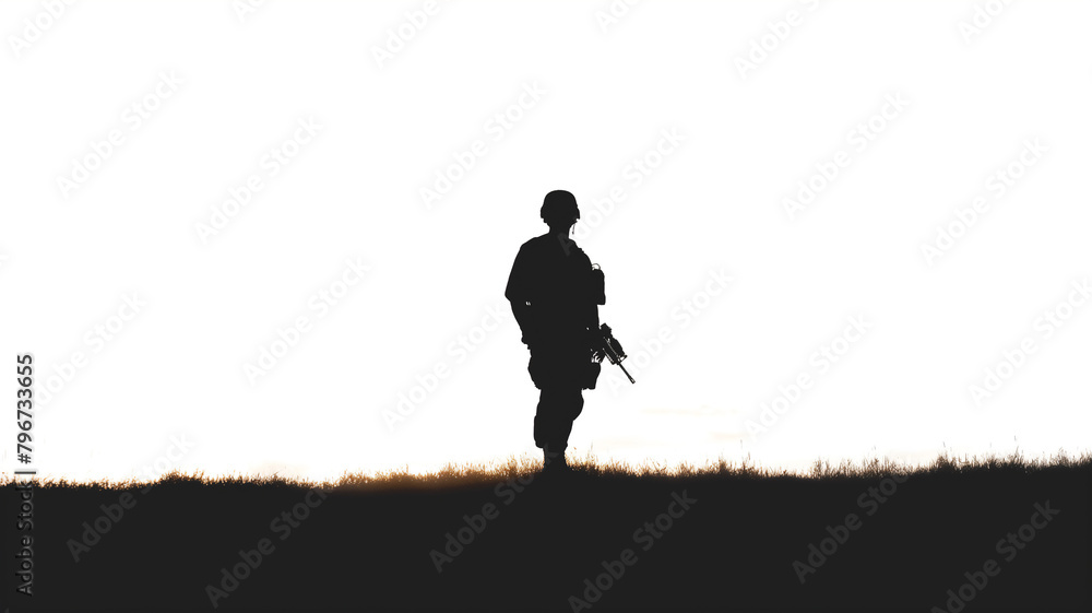 Silhouette of a soldier with a rifle standing against a twilight sky, creating a contemplative scene.