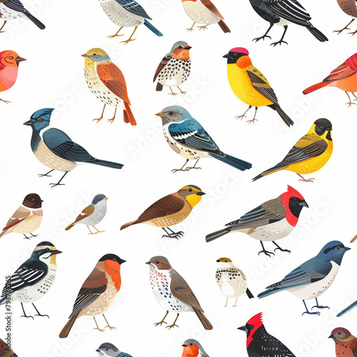 Seamless pattern of bird illustrations against a white canvas. © patrapee5413