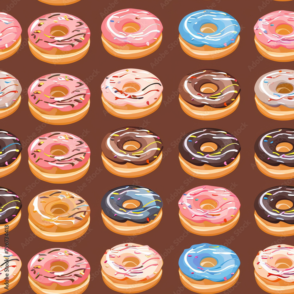 Seamless pattern of assorted glazed doughnuts in rows. Seamless pattern of assorted glazed doughnuts in rows.