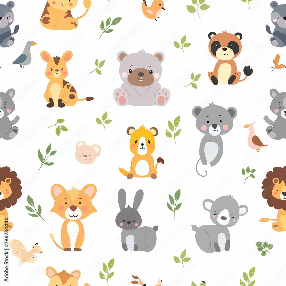 Obraz premium Seamless pattern of baby animals against a simple white background.
