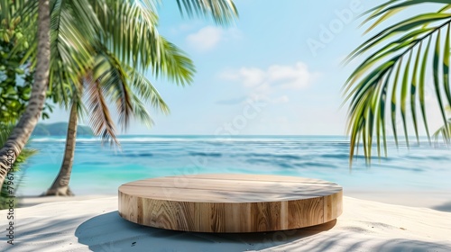 Summer product display on wooden podium at sea tropical beach. sandy beach with Palm trees and turquoise sea background..