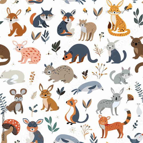 Seamless pattern of baby animals against a simple white background.