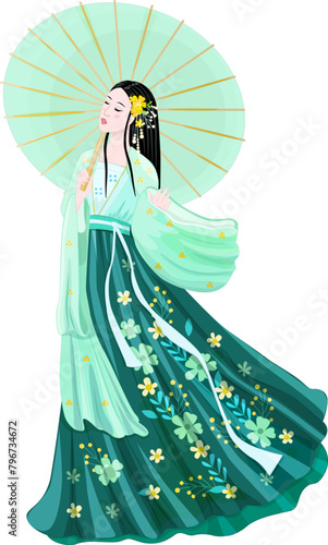 young asian woman with long hair holding an umbrella. fashion gi © Aloksa