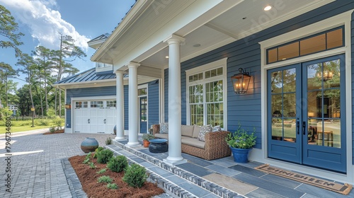 Professional photo of a front porch with white trim and light blue doors, open garage door on the left side, and entrance into home through double glass French doors in sunny New Orleans daytime.