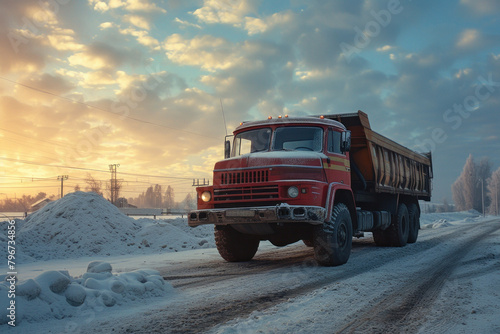 Red dump truck driving down snowy road in winter at sunset