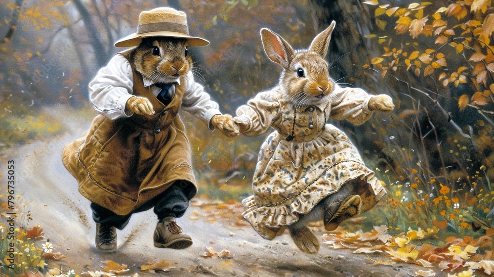 Obraz premium Two rabbits in human clothes are running through an autumn forest holding hands