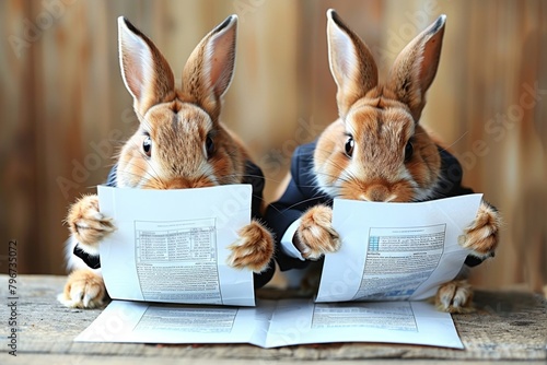 Two rabbits wearing suits and reading documents photo