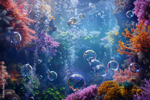 A symphony of oil bubbles swirling around vibrant coral reefs, painting a surreal scene beneath the waves.