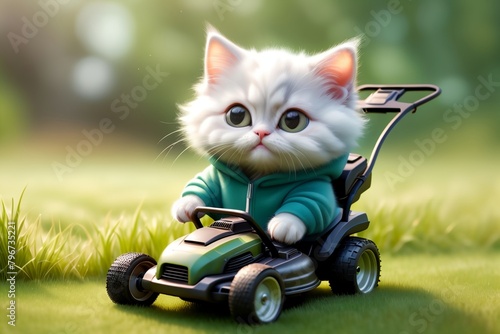 cat with a lawnmower mows the grass, summer