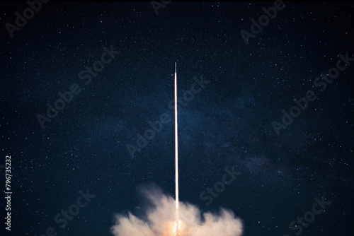 Space rocket launch into the starry sky. Space shuttle with blast and blast lift off into space on a dark background. Successful start, concept