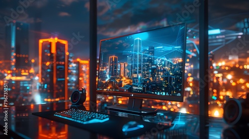 a futuristic digital workspace with a panoramic view of a city skyline reflected on a polished desktop monitor, evoking productivity and innovation.