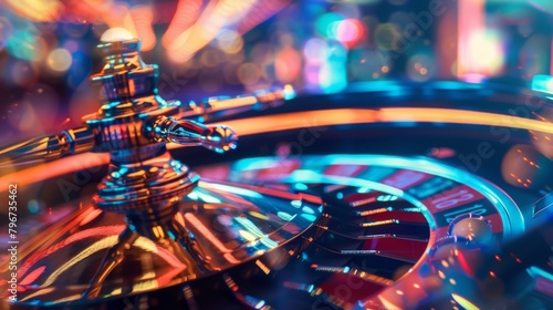 Soft focus lights and blurring of the surroundings create a surreal ambiance in High Stakes Roulette Reverie immersing the viewer in the hypnotic world of a casino wheel spinning in . photo