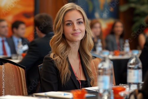 A woman with long blonde hair is sitting at a table with other people. She is smiling and she is enjoying herself