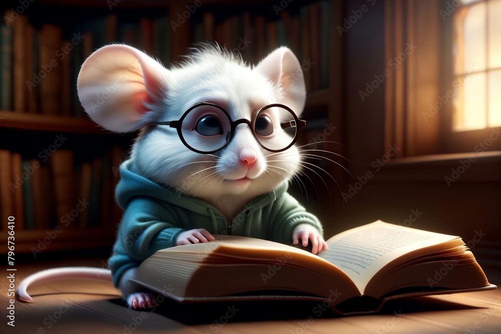 cute adorable white mouse reading a book in the library cute adorable white mouse reading a book in the library