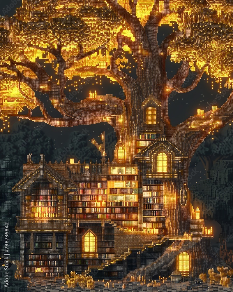 Design a captivating scene in pixel art style depicting a grand library within a colossal golden tree Showcase the intricate glowing books on shelves with meticulous detail, creating a whimsical and m