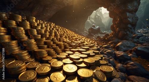 there are many baskets of gold coins in a cave, gold and treasure, looming over a horde of gold