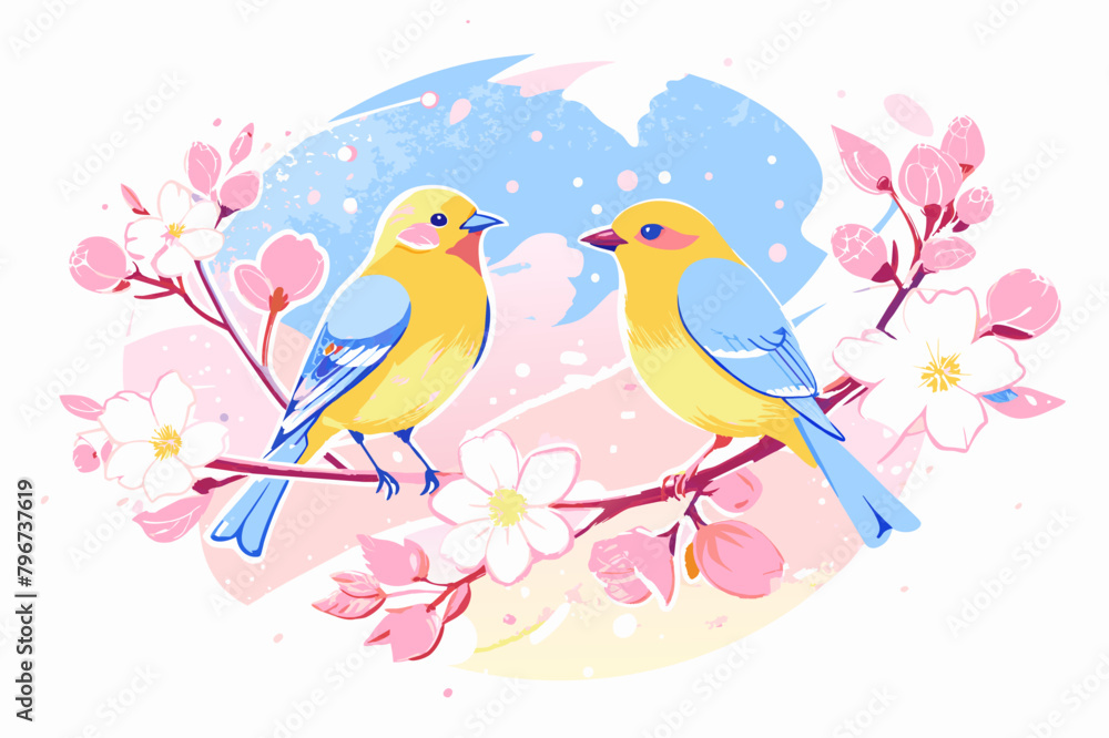 Springtime Serenade: Colorful Birds Among Blossoming Flowers