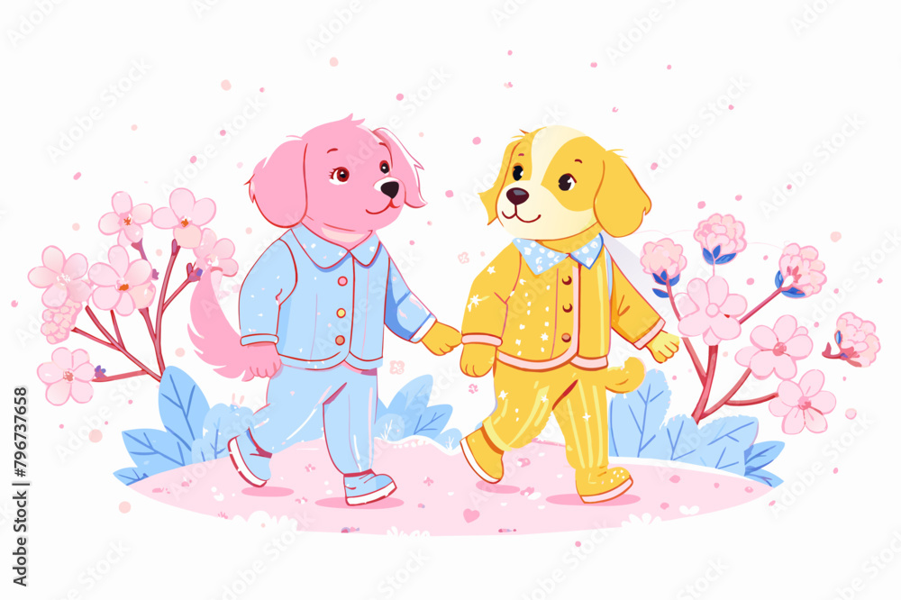 Cheerful Cartoon Dogs Walking Together in Stylish Outfits and Blossoms Cheerful Cartoon Dogs Walking Together in Stylish Outfits and Blossoms