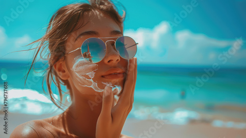 beautiful girl applies sunscreen to her face, sun, summer, tan, skin, smear, self-care, beauty, cosmetics, photoaging, young woman, vacation, emulsion, protection, portrait, sunblock, spf, sea, blue photo