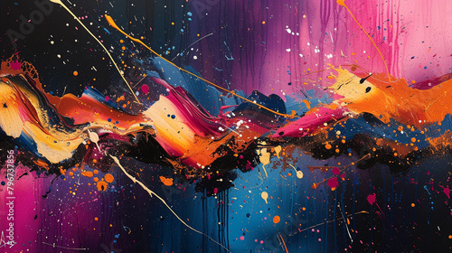 Vibrant and abstract splatter paint artwork, expressing a burst of energy and creativity that transforms any space into a dynamic art gallery. photo