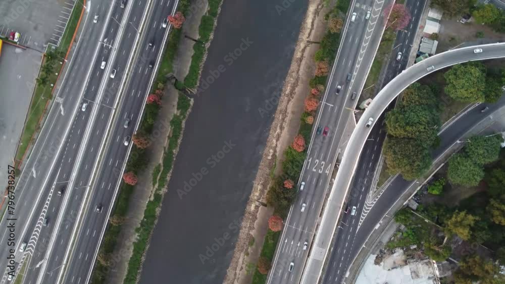 Marginal avenue of the Tiete river in the greater São Paulo metropolis seen from a drone Marginal avenue of the Tiete river in the greater São Paulo metropolis seen from a drone