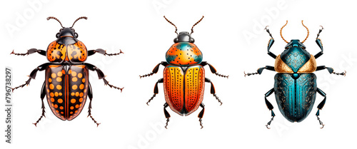 Set of beetles isolated on a white or transparent background. Blue and orange beetles, close-up, top view. Insect theme graphic design element. © AGSOL