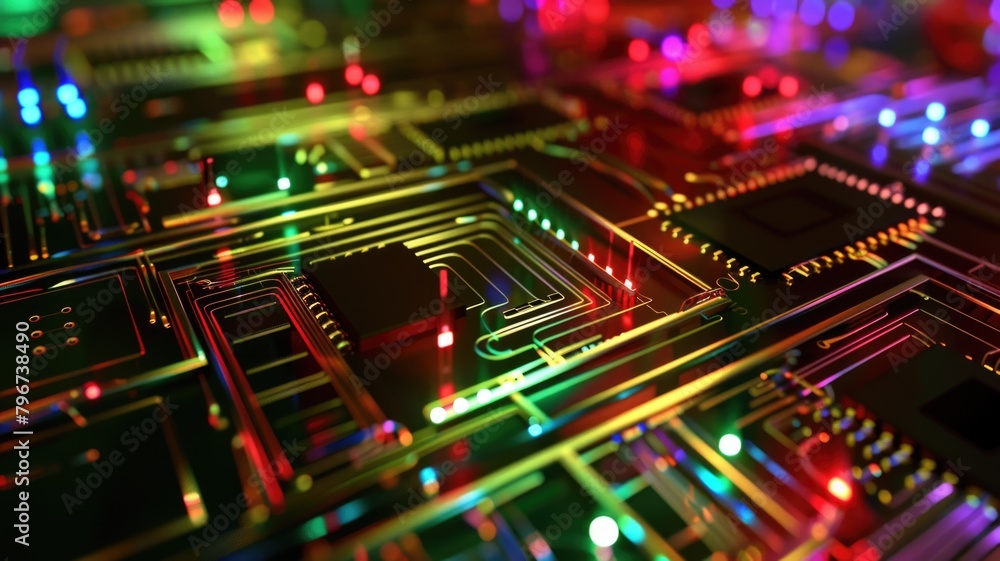 photonic integrated circuit (PIC) on a microchip, illustrating miniaturized optical components for advanced networks