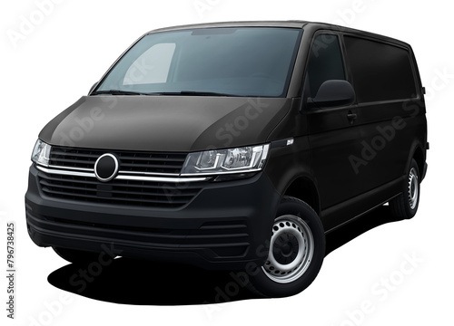 Modern European cargo minibus, front side view isolated on white background in png format, black color.