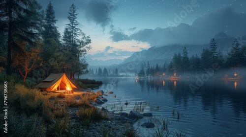 Tranquil camping scene with a tent pitched near a crackling campfire  surrounded by the peaceful beauty of a national park s nighttime ambiance.