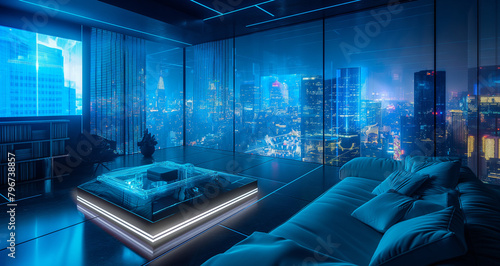 Home futuristic interior with panoramic windows with megapolis view photo