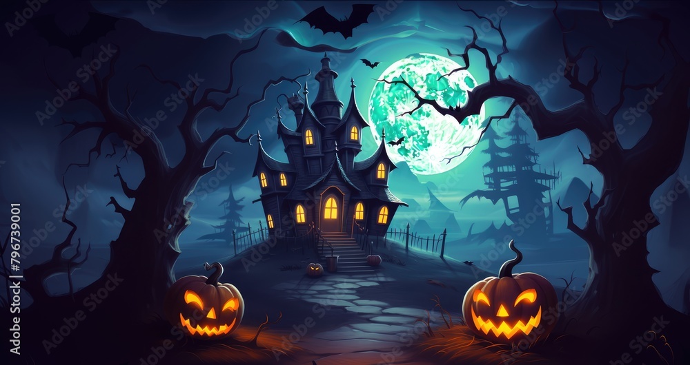 Fototapeta premium A halloween background with a spooky haunted house pumpkins and a full moon