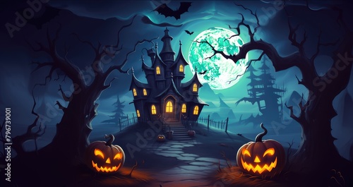 A halloween background with a spooky haunted house pumpkins and a full moon