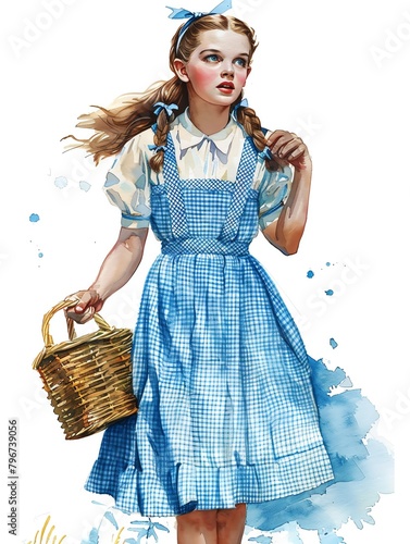 girl, freckles, blue eyes, red hair, braids, yellow bow, gingham dress, white background