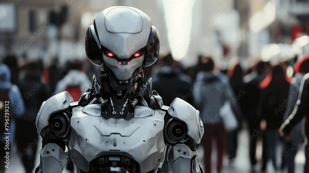The robot android walking on the street