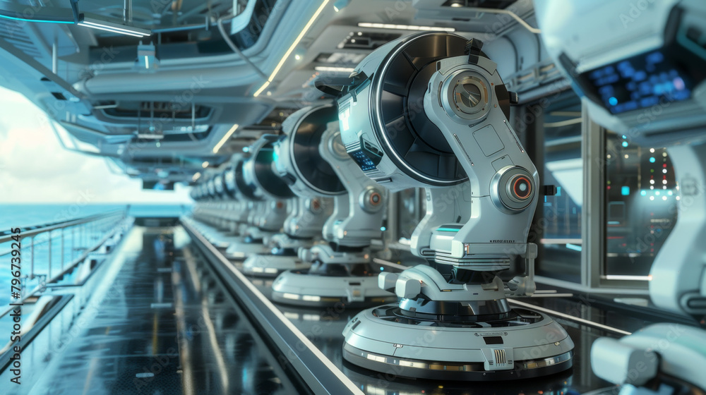 A row of advanced robotic arms stands ready along a high-tech industrial manufacturing line, set against a backdrop of the ocean and blue sky. Futuristic Robotic Arms in High-Tech Manufacturing Line

