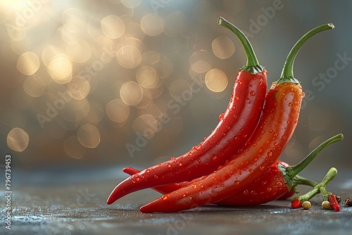 Several red chili peppers, a spicy ingredient for cooking, lie scattered on a rustic wooden surface photo