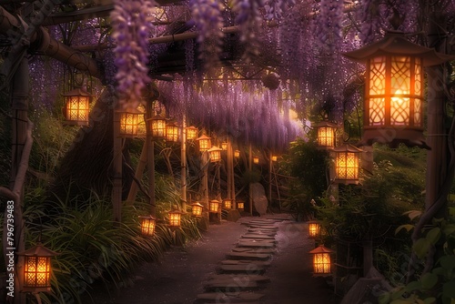 A whimsical garden pathway lined with flickering lanterns  leading towards a secluded alcove adorned with cascading wisteria blooms. A romantic rendezvous awaiting discovery