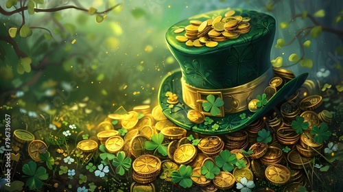 Luck of the Irish St. Patrick's Day Celebration with Hat and Gold Coins. Irish Luck Green Shamrock and Gold Coins for St. Patrick's Day