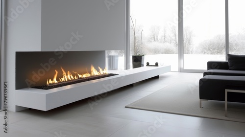 A minimalist fireplace design featuring a sleek white base and interchangeable modules for added customization. 2d flat cartoon.