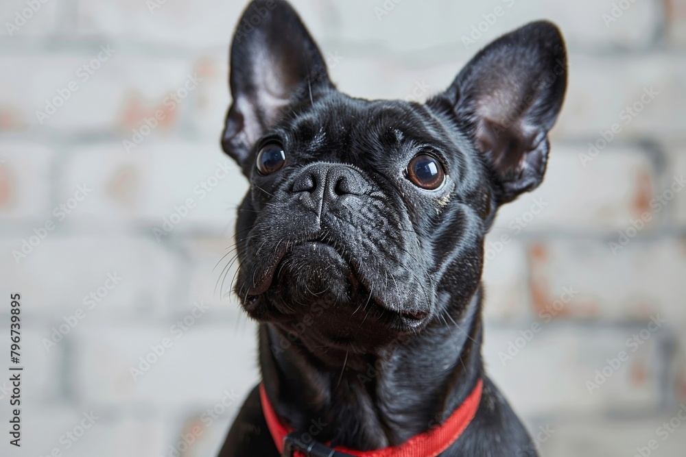 Adorable close-up portrait of a wrinkly French bulldog puppy with big bat ears 