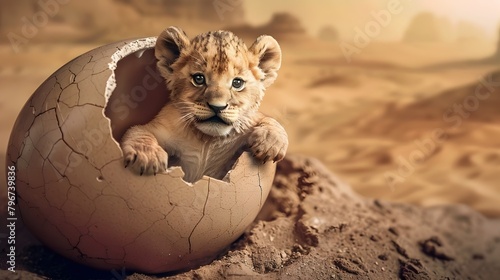 Surreal Performance Baby Lions Emergence from an Egg in the Desert Captured in HighDefinition Portrait Photography Generative ai