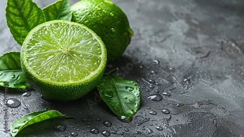 A close-up of a fresh, green lime with glistening water droplets on its smooth skin photo