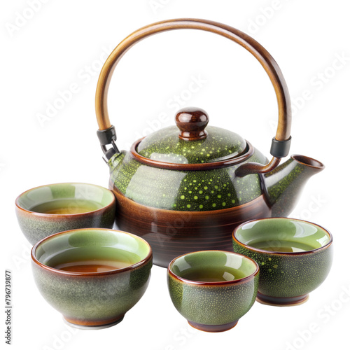 Elegant green and brown tea set with four ceramic cups