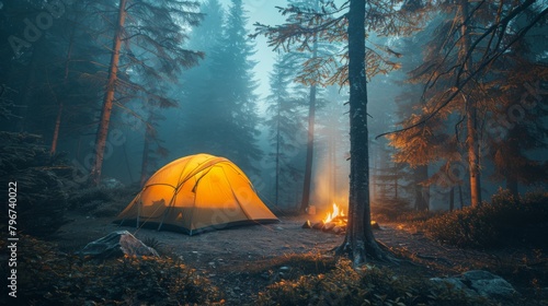 Cozy camping tent aglow with warmth beside a crackling fire pit, surrounded by the dark silhouettes of trees in a national park at night.